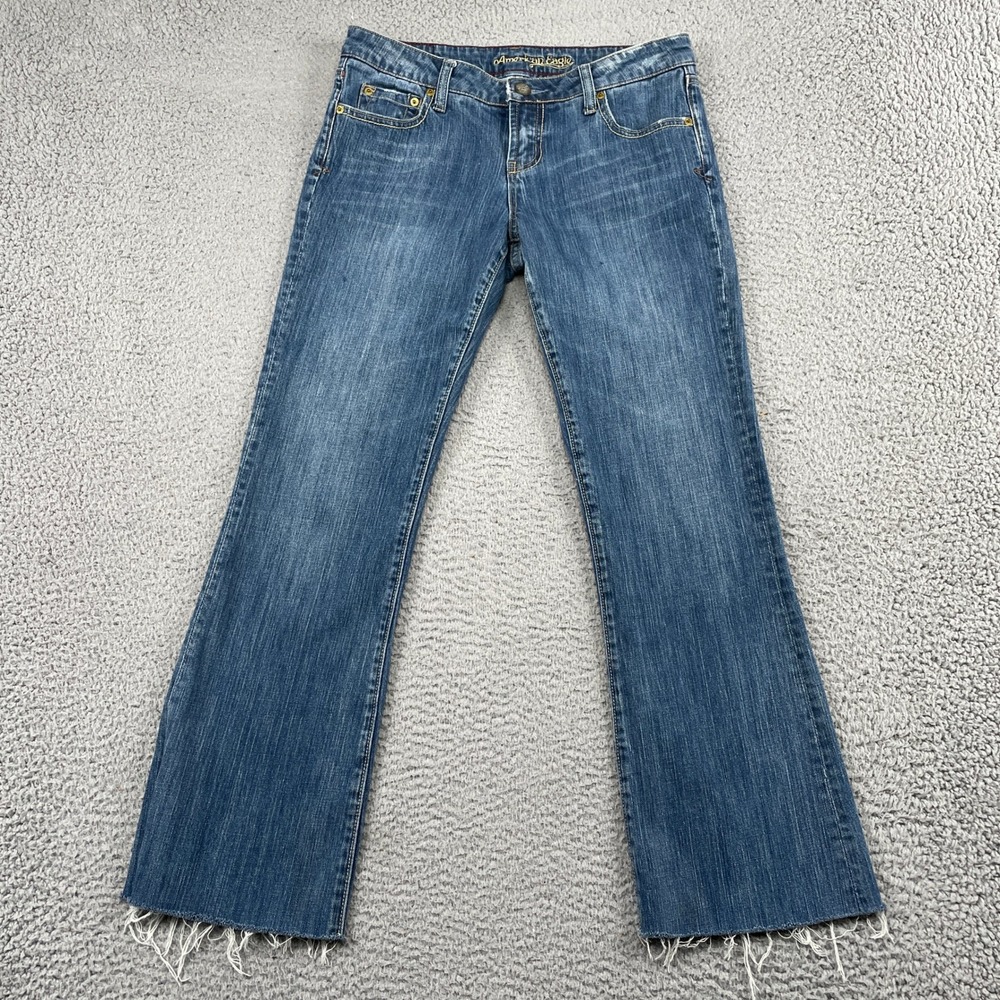 Y2K American Eagle Jeans Womens 6 Blue Hipster Low Rise Frayed Raw Hem Flare